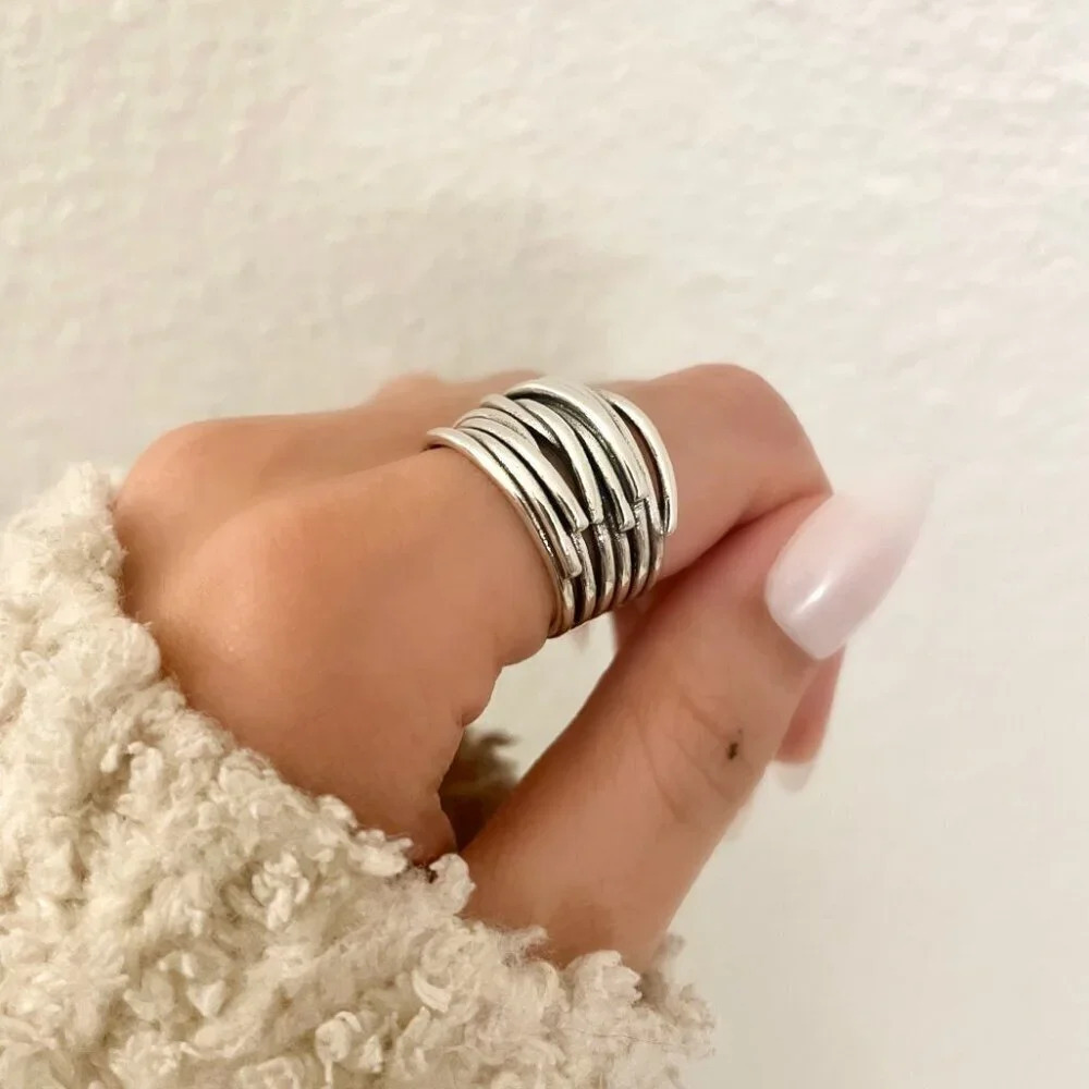 925 Sterling Silver Chunky Ring Thick Wide Ring Band Multi Layer Vintage Ring - Picture 11 of 13
